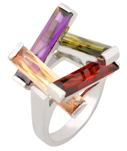 JanKuo Jewelry Silver Tone with a Combination of Four Long Bar Multi-Color CZ Ring with Gift Box