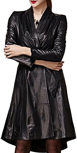 OYDIAN Women's Slim Long Corset Woolen Leather Coat Trenchcoat Black L