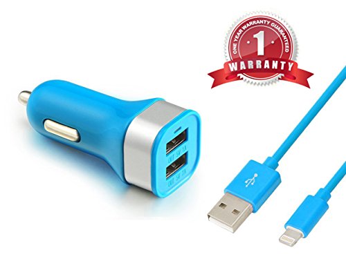 Scable (TM) 3ft 8 Pin Lightning to USB Sync & Charging Cable Cord with 3.1A 15W Dual Port High Speed USB Car Charger(Blue)