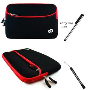 Red Trim Slim Protective Soft Neoprene Cover Carrying Case Sleeve with Extra Pocket // Fits Anywhere// For Verizon Motorola Xoom Tablet (Compatible with All Models) + Includes a eBigValue (TM) Determination Hand Strap Key Chain + Includes a Graphic Designer Stylus Pen