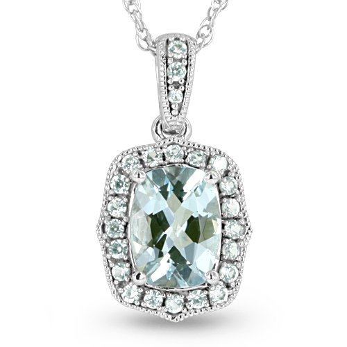 White Sapphire and Aquamarine Pendant with 10k White Gold Chain Necklace, 18