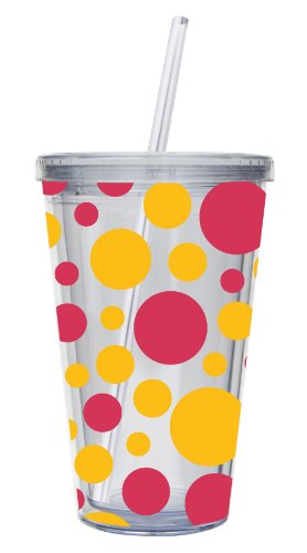 Cypress Home 17-Ounce Insulated Cup With Lid and Straw, Pink and Orange Polka Dots