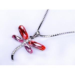 Coral Orange Pink Dragonfly Insect Swarovski Crystal Rhinestone Pendant Necklace