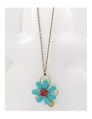 Flower Cotton Waxed Thread Turquoise Necklace In Brass