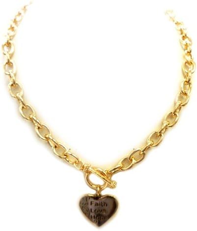Fashion Gold Chain Necklace With "Faith Love Hope" Text On Heart Women's Girl's Gift For Her
