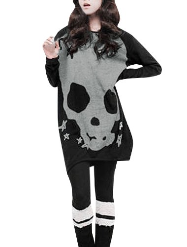 Allegra K Women Long Sleeve Tunic Skull Shirts Loose Blouses Long Tunic Tops