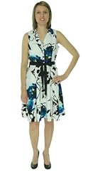 Notched Notched Collar Knee Length General Print Polyester Belted Sleeveless  Shirt  Dress With a Ribbon 