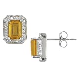 10K White Gold 1 5 ctw Diamond and Emerald Cut Citrine Earrings