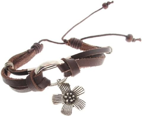 Tribal Design Genuine Brown Leather with a Oval Shape and a Flower Design Cuff in the Bracelet