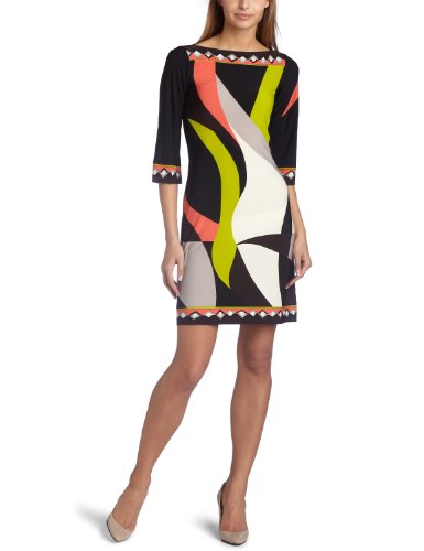 Donna Morgan Women's 3/4 Sleeve Geometric Print Matter Jersey Dress W/Border Detail