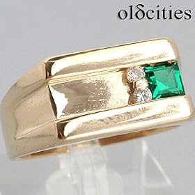 An Estate 14K Yellow Gold Lab Created Emerald & Diamond Ring