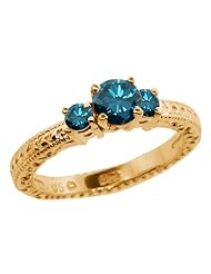 0.79 Ct Round Blue SI1/SI2 Diamond 18K Yellow Gold 3-Stone Ring
