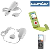 Rapid Car Charger + Home Travel Charger + Premium Light Green Flip Leather Case with Belt Clip + Clear Reusable LCD Screen Protector for Apple Nano Chromatic 8GB 16GB 4G 4th Generation