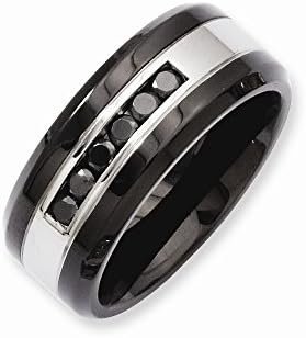 Stainless Steel Black IP-plated, Polished w/Black Diamonds 9mm Wedding Band Ring, Size 10, Rings for Men