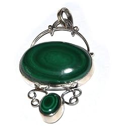 Indian Pendant with Chain Silver Melachite Gemstone Jewelry 2 inches