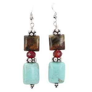Southwest Turquoise and Agate Gemstone Bead Dangle Earrings with Sterling Silver Accent Beads, #7483