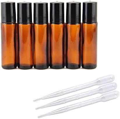 10ml Refillable Fragrance Essential Oil Bottles with Stainless Steel Roller +3pcs 3ml Plastic Dropper (Pack of 6 Pcs) (Brown)