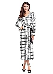 V-neck Checkered Print Polyester/Spandex Long Sleeves Maxi Dress 