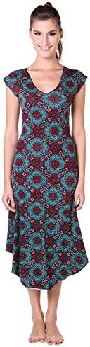 Short Sleeve Calf Length Ethnic Printed Women's Summer Dress - Maroon / Teal - M
