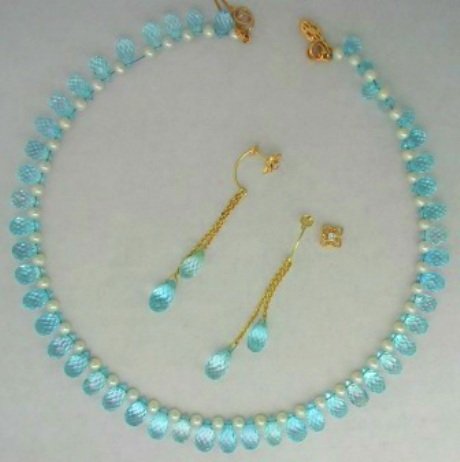 Aquamarine Necklace and Earring Set 0.20k G.S.I. Diamonds 170k Aquamarine and cultured pearls 17 Long Necklace