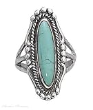 Sterling Silver Rope Beaded Edging Long Turquoise Ring