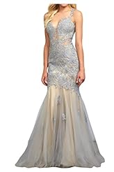 Sexy V-neck Spaghetti Strap Sheath Tulle Lace Applique Open-Back Natural   Waistline Evening Dress/Prom Dress 