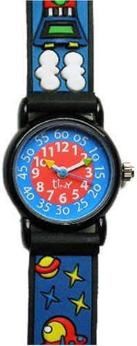 Baby Watch - Montre enfant pédagogique - Tiny space - Bracelet Plastique gomme 3D bleu avec motifs - Avec méthode d'apprentissage
