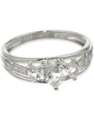 Three Heart Shape .018 Diamonds CTTW in Silver White Topaz Ring, Size 6
