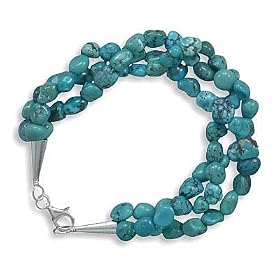 7.5 Triple Strand Multishape and Size Turquoise Nugget Sterling Silver Bracelet
