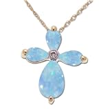14k Yellow Gold Created Blue Opal and Diamond Cross Pendant, 18