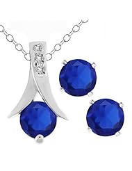 2.40 Ct Round Created Sapphire .925 Silver Pendant and Earrings Set 18" Chain