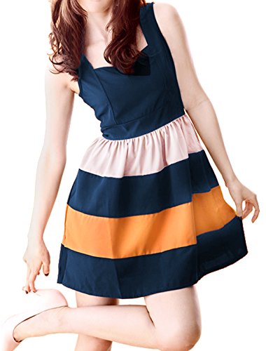 Allegra K Women Stripe Sleeveless Colorblock Short Skater Tank Dress,Dark Blue,Large