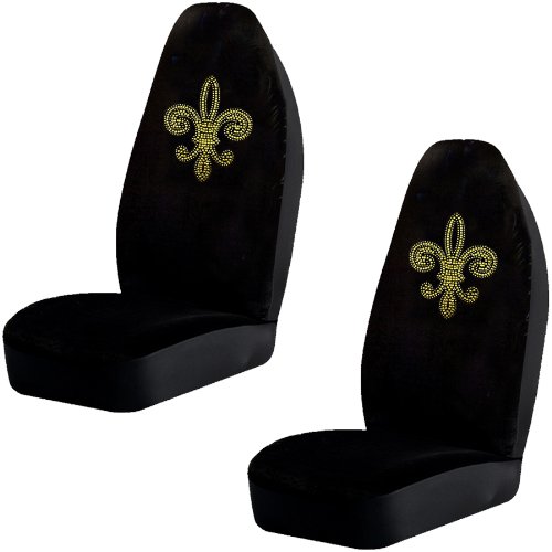 Fleur De Lys French Cross Gold Gem Crystal Studded Rhinestone Bling Car Truck SUV Front High Back Bucket Seat Covers - Pair