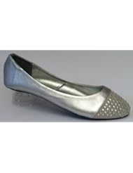 Womens Metallic Ballet Flat Shoes W/Rhinestone Embellishment microsuede Toe Cap (11, Silver 4036)