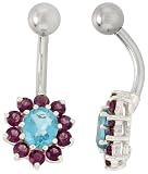 Sunflower Belly Button Ring with Amethyst and Blue Topaz Cubic Zirconia on Sterling Silver Settings