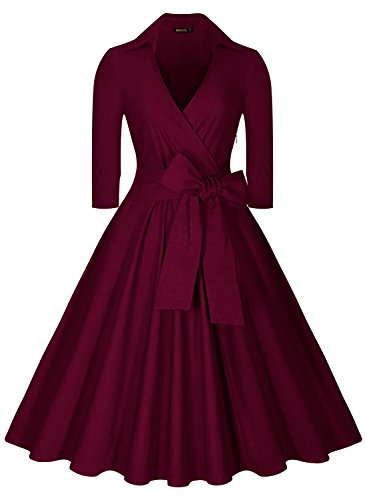 Miusol Women's Deep-V Neck Half Sleeve Bow Belt Vintage Classical Casual Swing Dress (Wine)