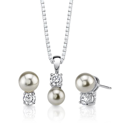 wedding jewelry earrings-Pure Bliss: Sterling Silver Celebrity Inspired Bridal Jewelry Stud Earring/Pendant Set with Faux Pearl and CZ Diamonds Images