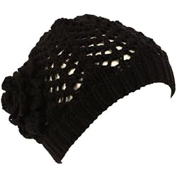 Crochet Flower Vent Knit Beanie Skull Winter Hat Black