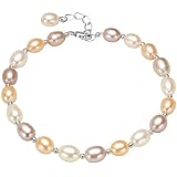 Tri-Color Pearl Strand Silver Bead Bracelet 7" with 1" Chain Tail