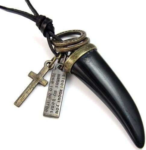 ETSYG Vintage Mens Tribal Tooth Spear Ring Cross Charms Pendant Genuine Leather Necklace