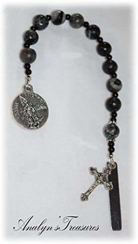 US Army Personalized St. Michael Chaplet/Pocket Rosary - Shades of Black Glass Beads - One Decade Rosary - Catholic / Religious Gift