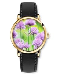 SPRAWL Aanalog Fashion Series Gold Ladies Watches of Genuine Black Leather Strap,Unique Wrist Watch for Women Girls Designed with purple Flowers