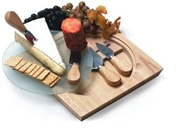 Cheese Board with Square Rubberwood Swivel Base for Tool Storage & Glass Top