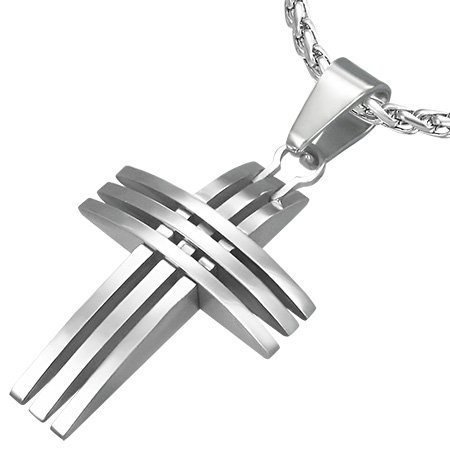 SP28 Unisex Halskette Edelstahl HK 46 Kreuz 3 Reihen Anh&Atilde;&curren;nger 3 / 2 cm Edelstahlhalskette 60 cm