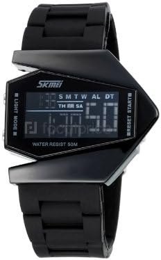 Fashion LED Watches Skmei 5ATM Water Resistant Digital Airplane Shaped Sports Watch with Silicone Strap LED Colorful Light - Black Color