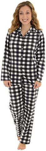 Womens 2 Piece Plaid Black White Pajamas Set Soft Microfleece Sleepwear Sizes: Large