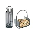 6 teil Kaminbesteck Set 1 mit Holzkorb Kamingarnitur