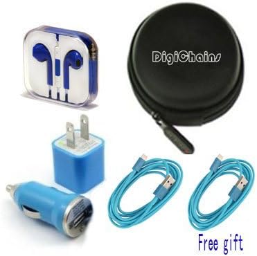 DigiChains? 5-in-1 (1pcs cable free gift)Earphone/cable Hard Case/Bag + earphone + Wall Charger + Car Charger+ 1M Length USB Sync Data / Charging White Cable for iPhone 5 / 5C / 5S iPad Mini iPod Touch 5th Gen