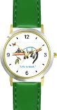 Siamese Cat Sleeping on Tree Limb - Butterfly - Cat Cartoon or Comic - JP Animal - WATCHBUDDY&reg; DELUXE TWO-TONE THEME WATCH - Arabic Numbers - Green Leather Strap-Size-Children's Size-Small ( Boy's Size & Girl's Size )