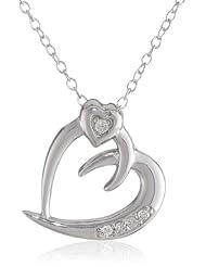 Sterling Silver White Diamond (0.06cttw, I-J Color, I1-I2 Clarity) Double Slant Heart Pendant Necklace, 18"